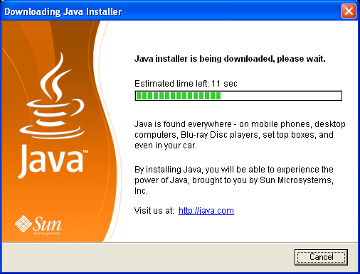A Java telepítõ letöltése ablak - magától eltûnik